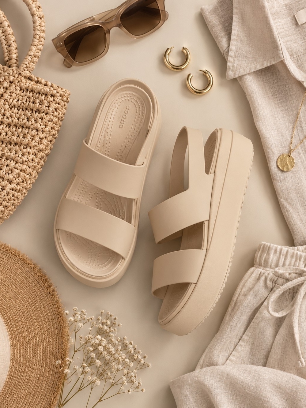 CROCS Beige Double-Strap Platform Slide Sandals for Women